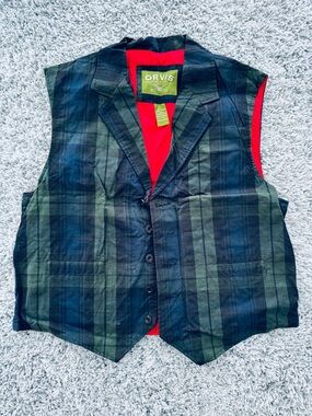 Mens Orvis Red Lined Green Blue Tartan Plaid Vest Large